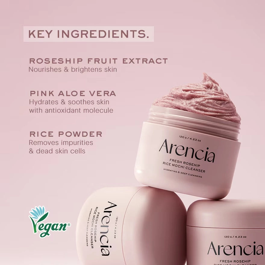 Sejas ādu attīrošs līdzeklis ar mežrozīšu un kumelīšu ekstraktiem Arencia Fresh Rosehip Rice Mochi Cleanser