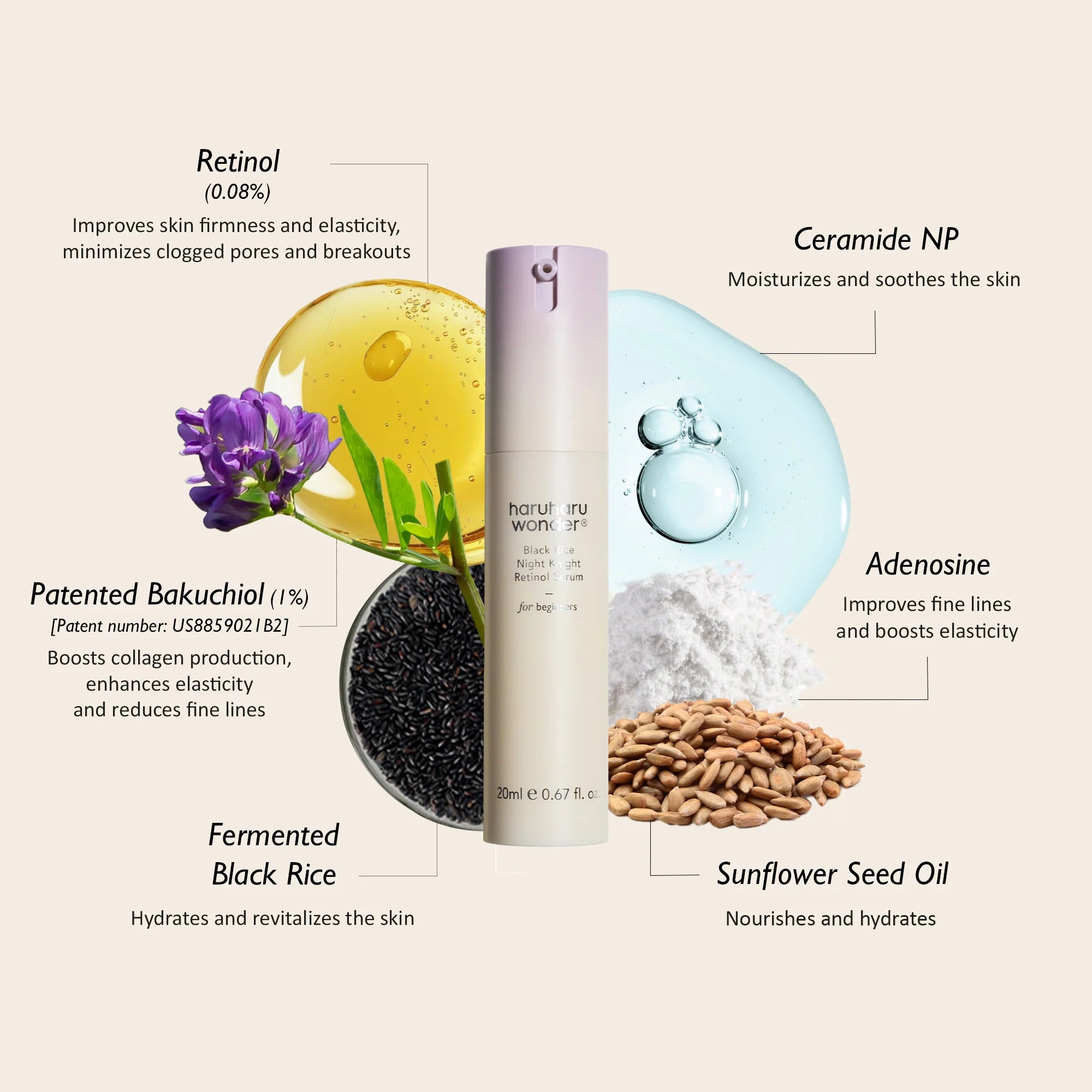 Nakts serums ar retinolu un bakučiolu Haruharu Wonder Black Rice Night Knight Retinol Serum