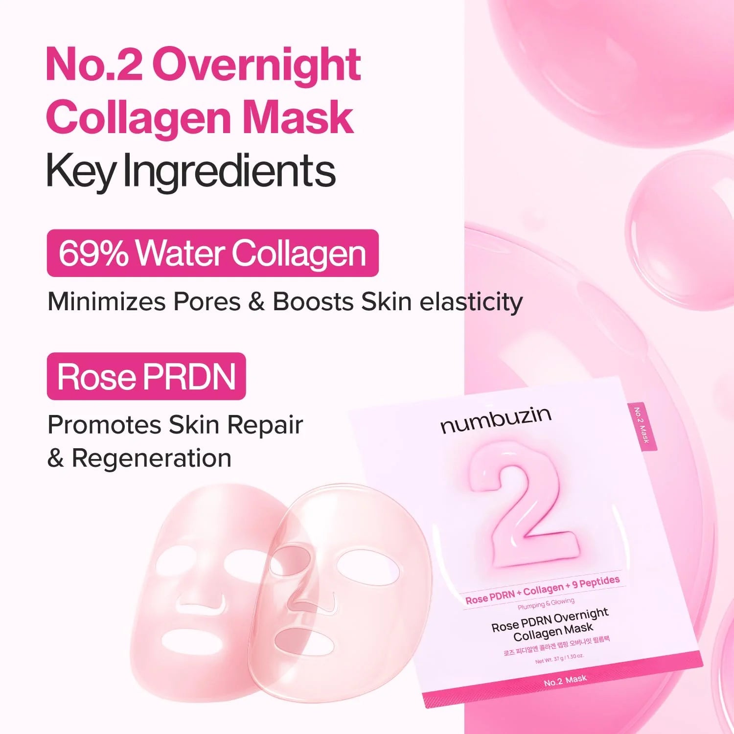 Nakts hidrogela maska Numbuzin No.2 Rose PDRN Overnight Collagen Mask