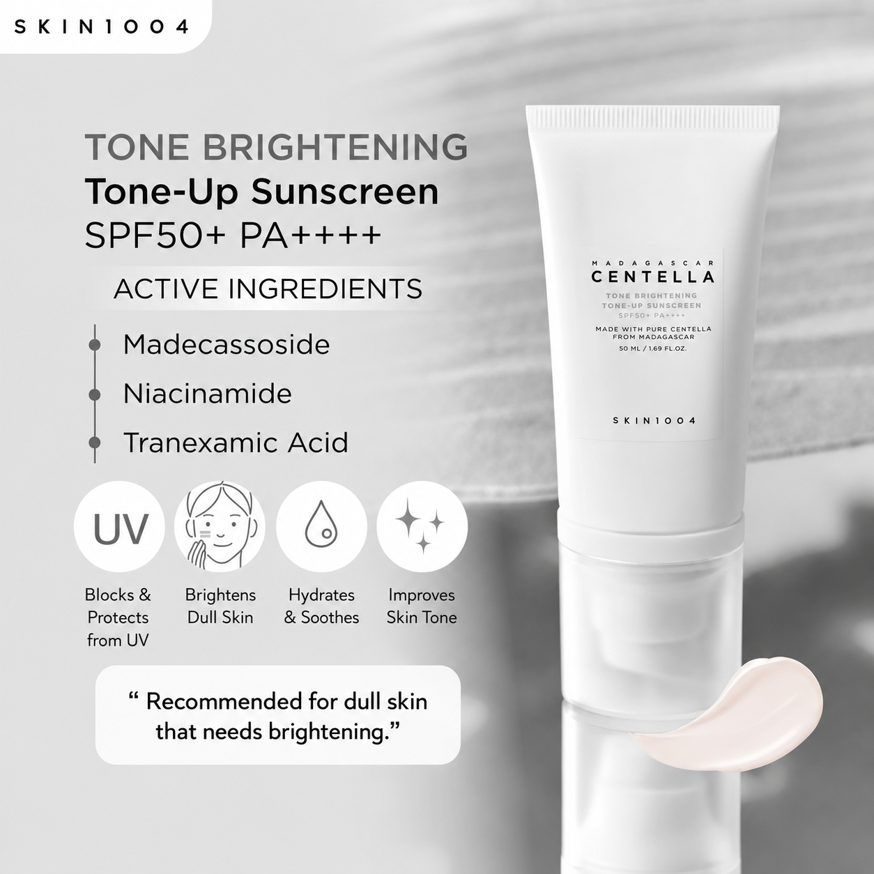Izgaismojošs saules krēms SKIN1004 Madagascar Centella Tone Brightening Tone-Up Sunscreen SPF50+ PA++++