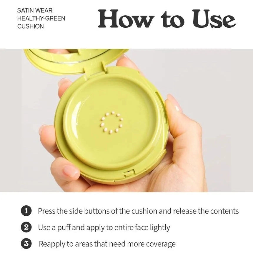 Noturīgs tonālais kušons ar satīna noslēguma akcentu Unleashia Healthy Green Cushion SPF30 PA++