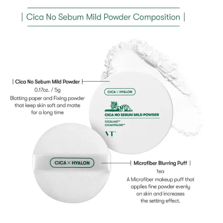 Birstošais pūderis ar Āzijas centellu taukaina spīduma novēršanai VT Cosmetics Cica No Sebum Mild Powder