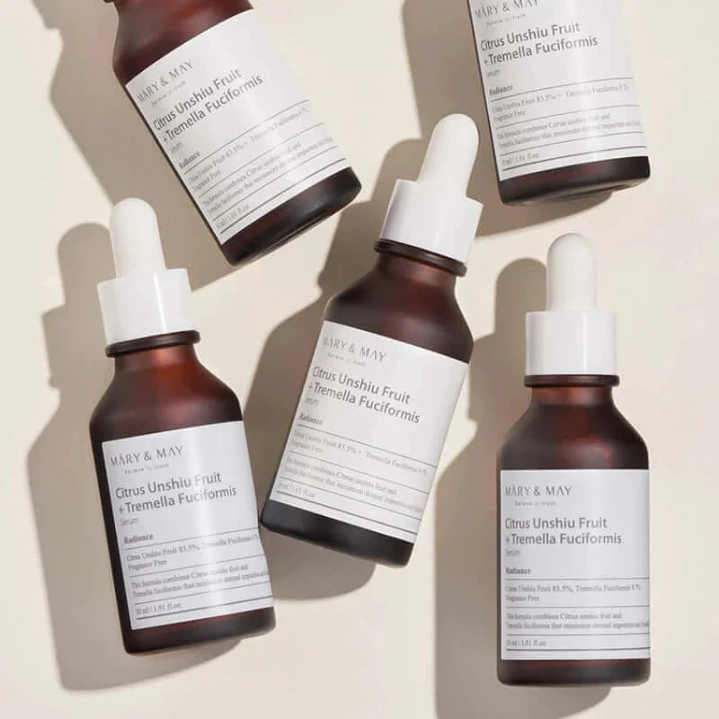 Mitrinošs serums pigmentācijas plankumu novēršanai Mary&May Citrus Unshiu Fruit + Tremella Fuciformis Serum