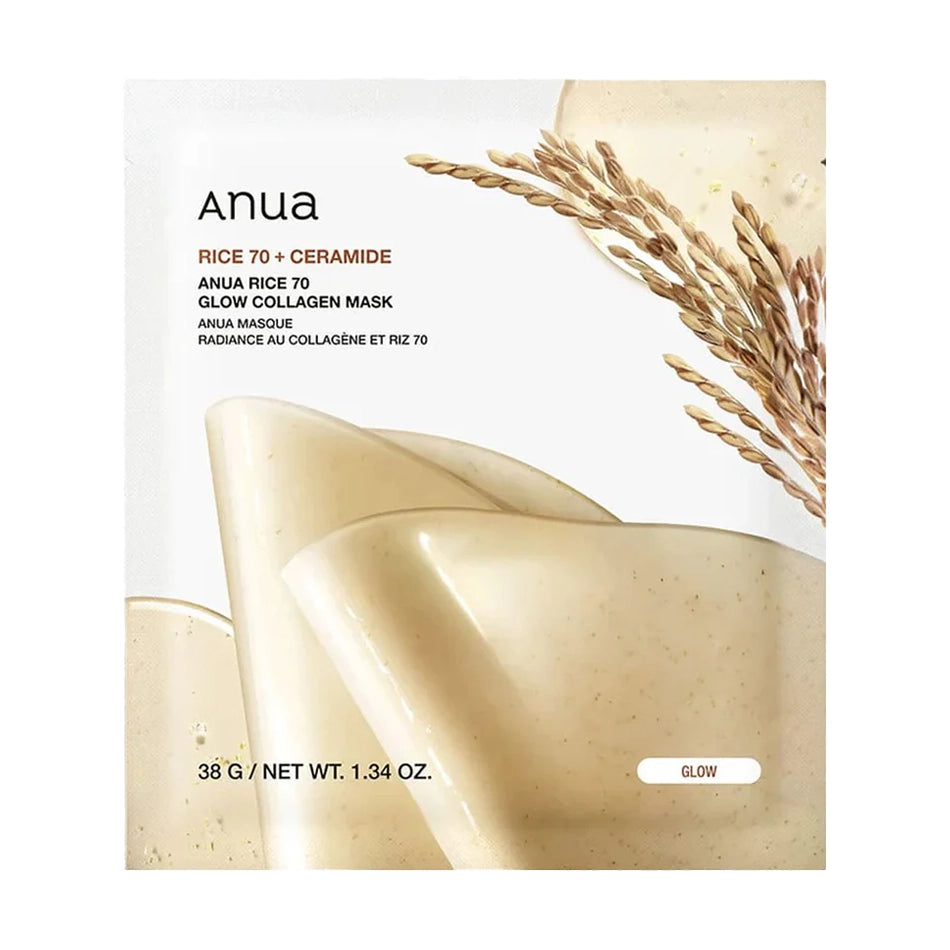 Hidrogela maska mirdzuma piešķiršanai ādai ar sastāvā iekļautiem rīsiem Anua Rice 70 Glow Collagen Mask